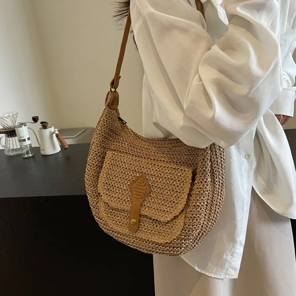 Summer Beach Woven Crossbody Bag Straw Weaving Shoulder Bag 2024 Raffia Zipper Handbag Boho Rattan Hand-Woven Travel Satchel Bag