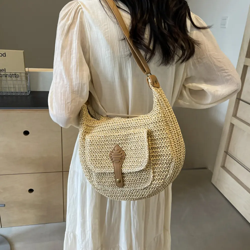 Summer Beach Woven Crossbody Bag Straw Weaving Shoulder Bag 2024 Raffia Zipper Handbag Boho Rattan Hand-Woven Travel Satchel Bag