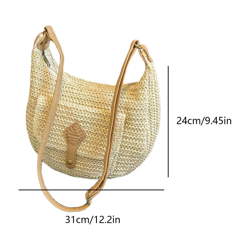 Summer Beach Woven Crossbody Bag Straw Weaving Shoulder Bag 2024 Raffia Zipper Handbag Boho Rattan Hand-Woven Travel Satchel Bag