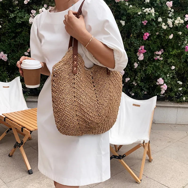 Summer Straw Woven Shoulder Bag Rattan Beach Large Capacity Tote Bags Handmade Vacation Travel Handle Bag Shopping Handbag Bolsa