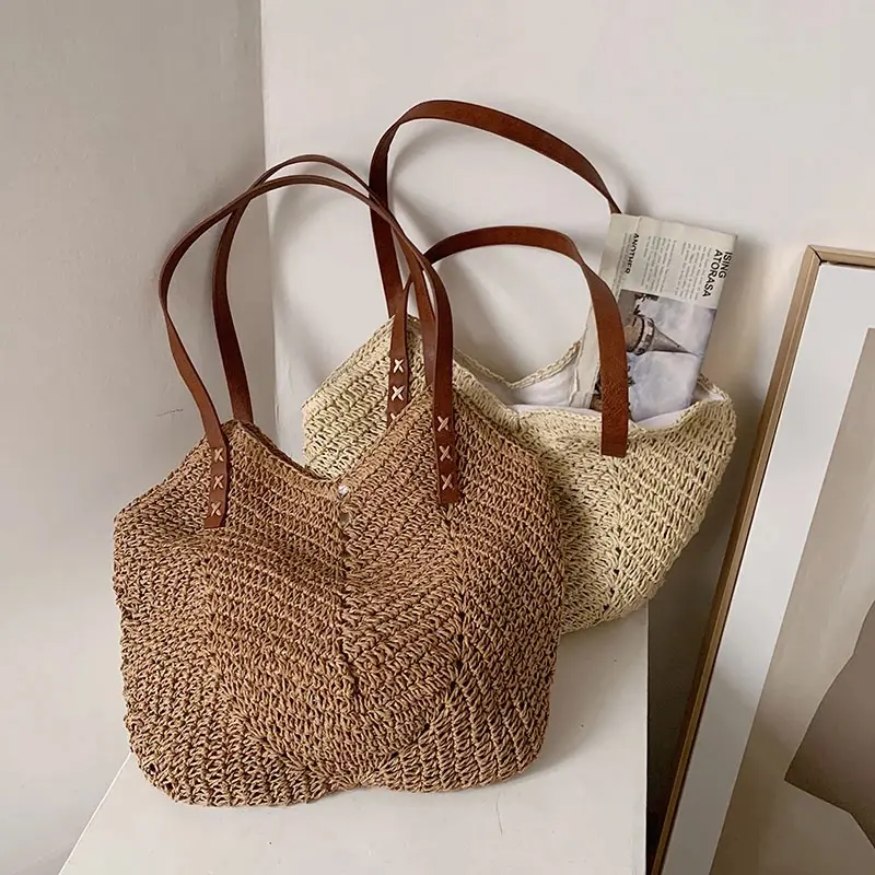 Summer Straw Woven Shoulder Bag Rattan Beach Large Capacity Tote Bags Handmade Vacation Travel Handle Bag Shopping Handbag Bolsa