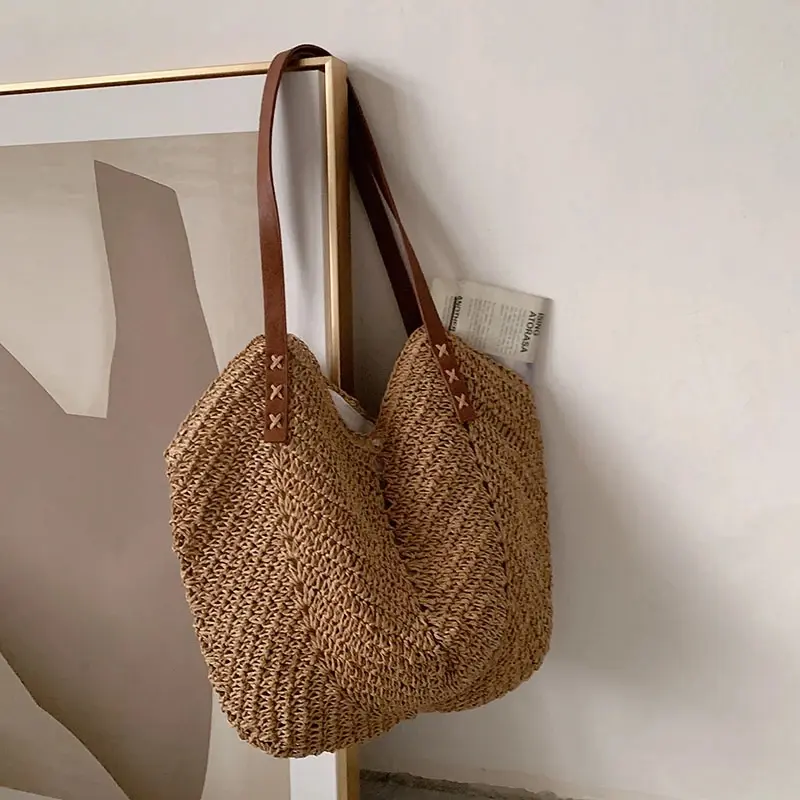 Summer Straw Woven Shoulder Bag Rattan Beach Large Capacity Tote Bags Handmade Vacation Travel Handle Bag Shopping Handbag Bolsa