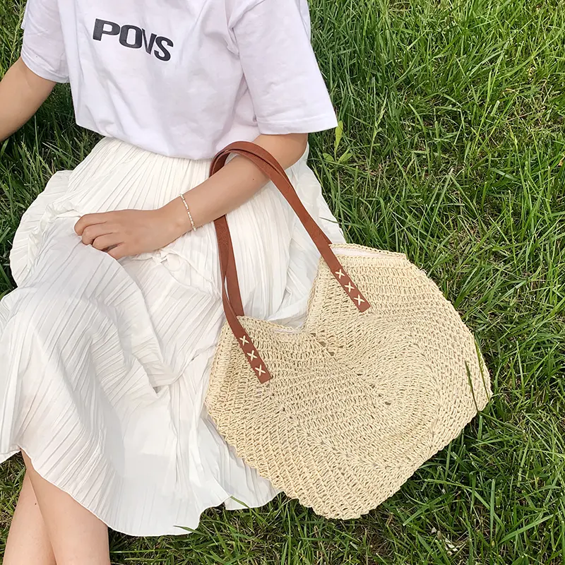 Summer Straw Woven Shoulder Bag Rattan Beach Large Capacity Tote Bags Handmade Vacation Travel Handle Bag Shopping Handbag Bolsa