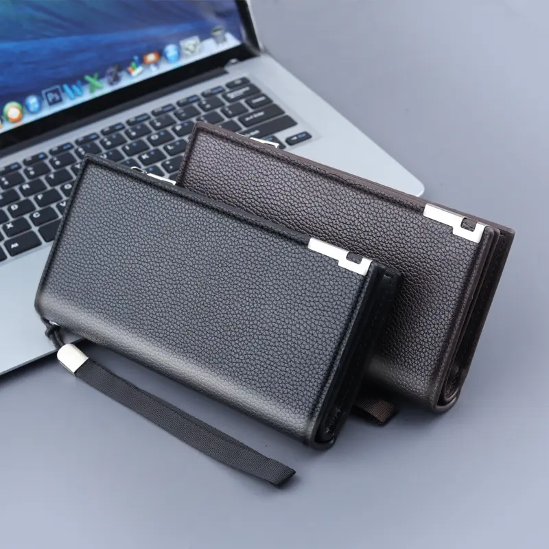 Long Clutch Men PU Material Zipper Hasp Cell Phone Bag Card Holder Coin Pocket Large Capacity Multifunctional Handbag Business