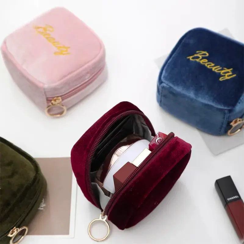 Velvet Embroidery Cosmetic Bag Sanitary Pad Pouches Portable Durable Makeup Lipstick Data Cables Organizer Toiletry Beauty Case