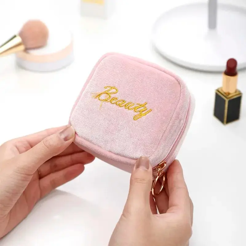 Velvet Embroidery Cosmetic Bag Sanitary Pad Pouches Portable Durable Makeup Lipstick Data Cables Organizer Toiletry Beauty Case