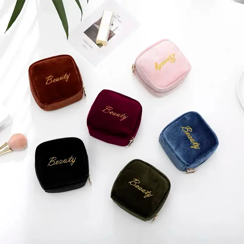 Velvet Embroidery Cosmetic Bag Sanitary Pad Pouches Portable Durable Makeup Lipstick Data Cables Organizer Toiletry Beauty Case