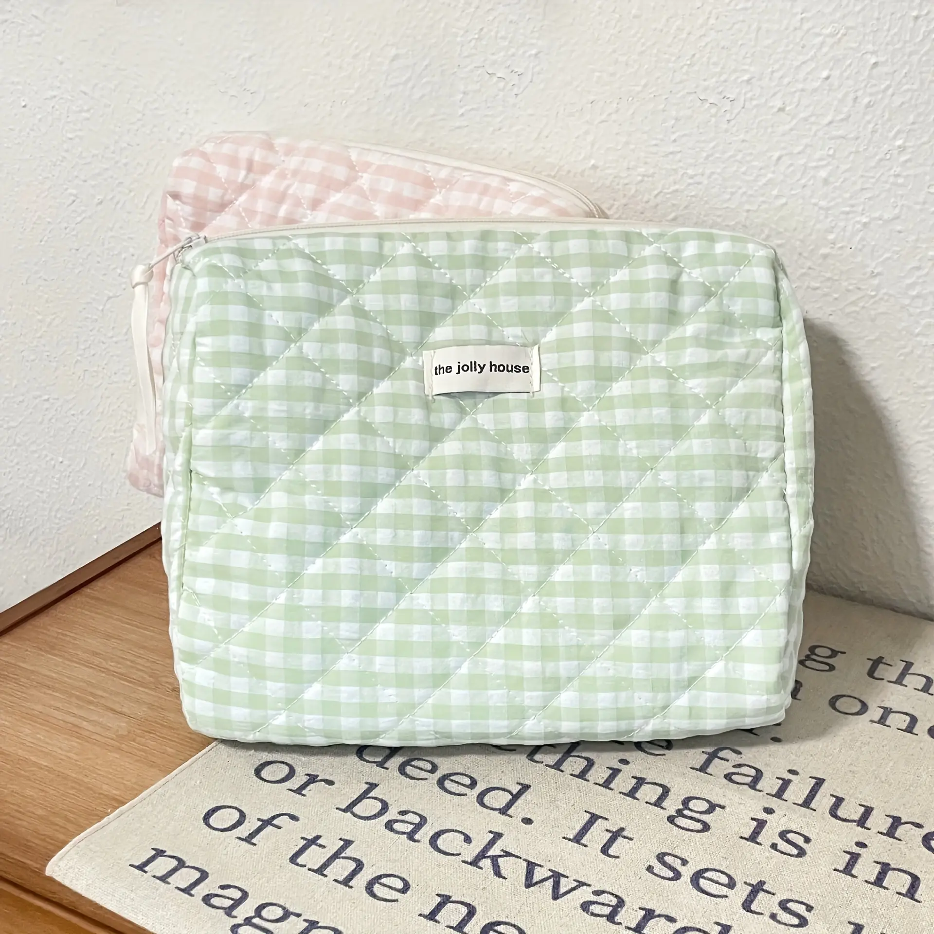 Solid Color Plaid Makeup Bag Travel Cosmetic Pouch Large Soft Cosmetic Organizer Pouch, Zipper Make Up Organizer Toiletry Bag