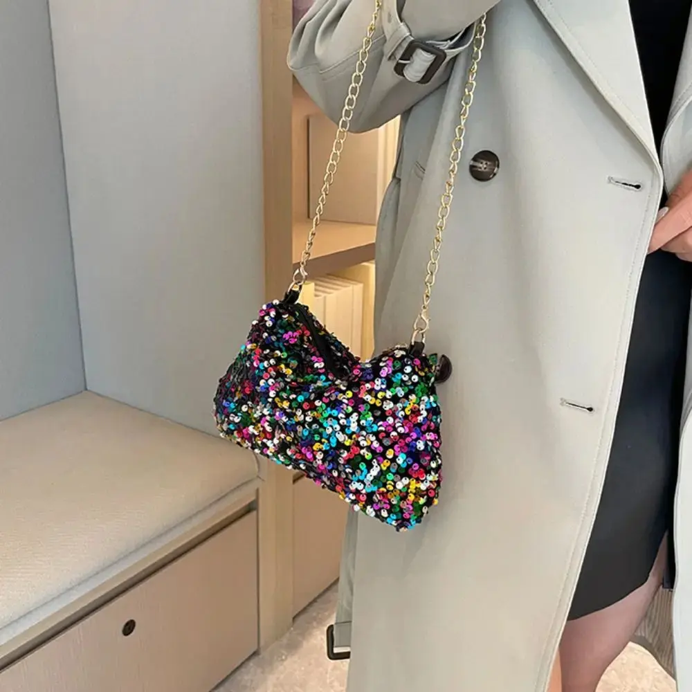 Female Lightweight Solid Color Sequins Crossbody Bag Simple Chain INS Small Square Bag Handbag Underarm Bag Evening Clutch Bag