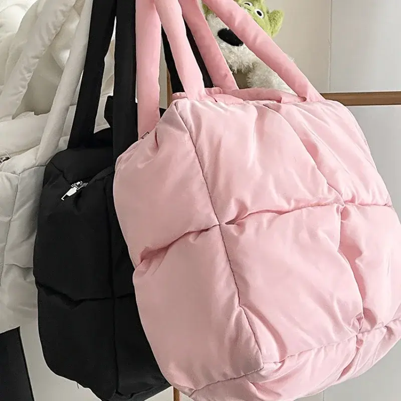 Women Retro Checkered Quilted Shoulder Bag Solid Color Soft Handbags Soft Tote Handbags Pink Sapce Padded Tote Brand Designer