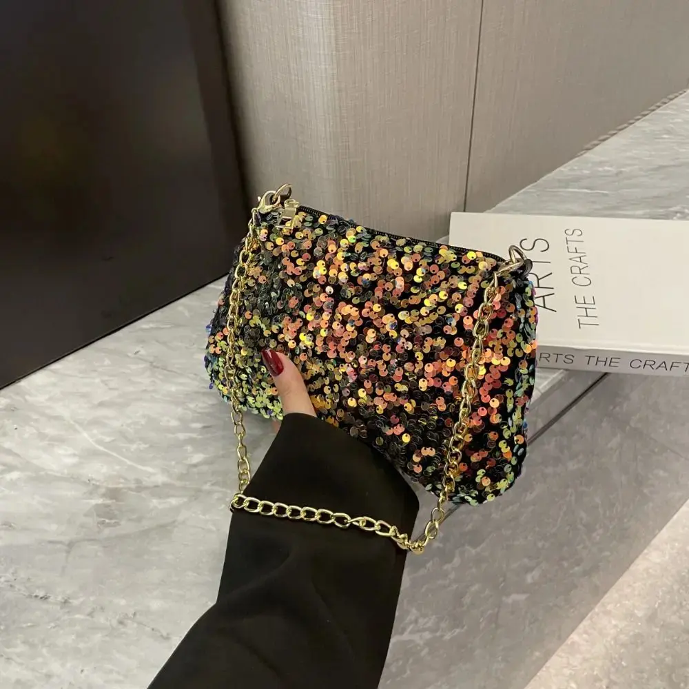 Female Lightweight Solid Color Sequins Crossbody Bag Simple Chain INS Small Square Bag Handbag Underarm Bag Evening Clutch Bag