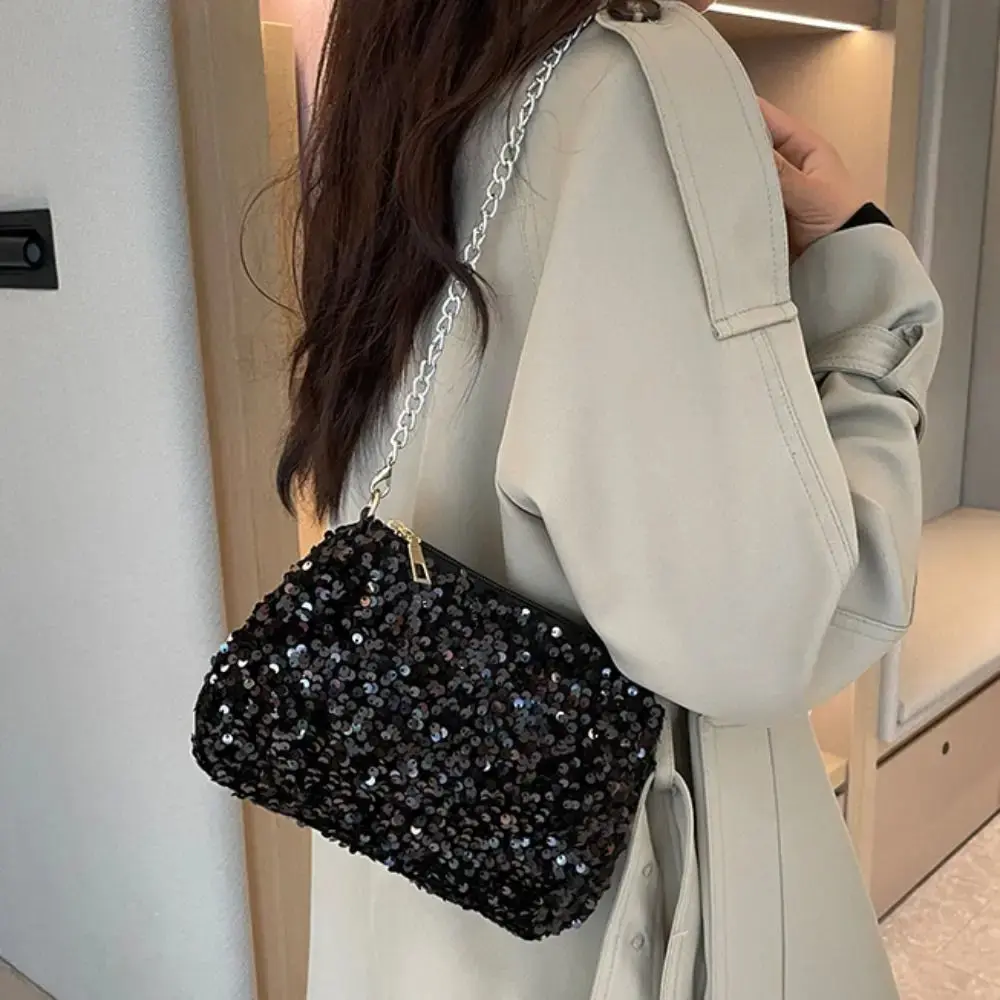 Female Lightweight Solid Color Sequins Crossbody Bag Simple Chain INS Small Square Bag Handbag Underarm Bag Evening Clutch Bag