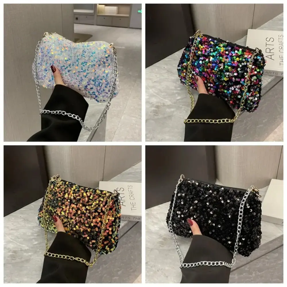 Female Lightweight Solid Color Sequins Crossbody Bag Simple Chain INS Small Square Bag Handbag Underarm Bag Evening Clutch Bag