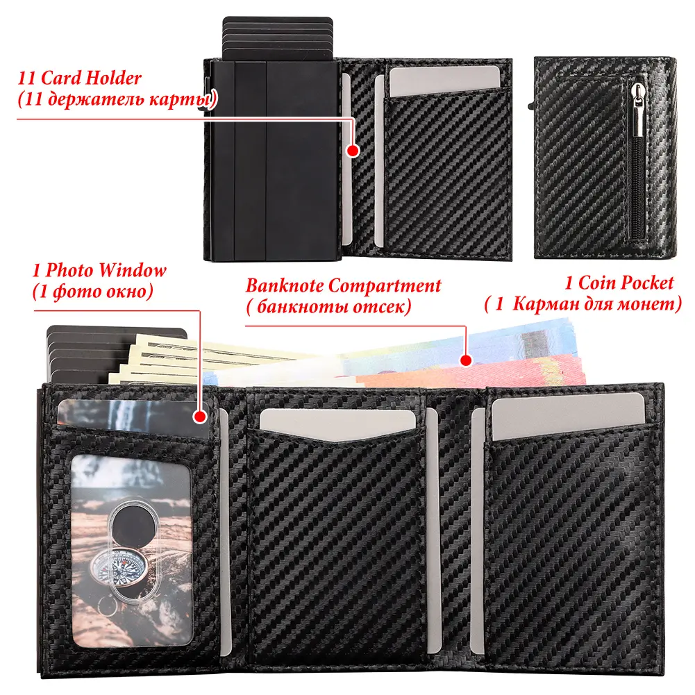 Carbon fiber Men Wallet with Aluminum Card Holder Case RFID Blocking Automatic Pop Up Cardholder Purse Business Male Money Bag