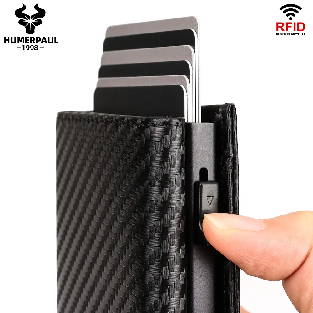 Carbon fiber Men Wallet with Aluminum Card Holder Case RFID Blocking Automatic Pop Up Cardholder Purse Business Male Money Bag