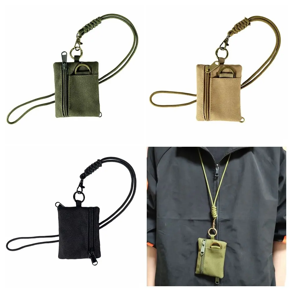 Square Hanging Neck Coin Purse Casual Nylon Oxford Cloth Mini Wallet Zipper with Lanyard Small Card Holder Outdoor