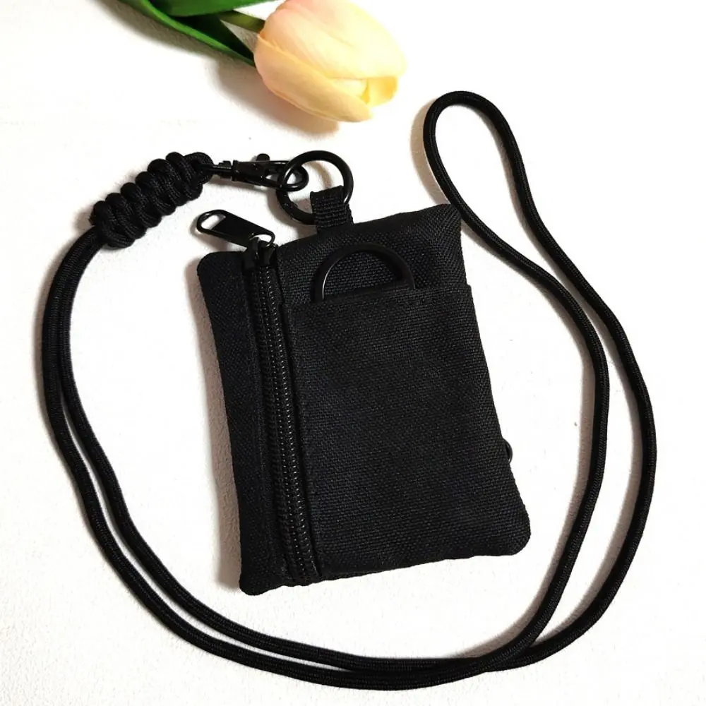 Square Hanging Neck Coin Purse Casual Nylon Oxford Cloth Mini Wallet Zipper with Lanyard Small Card Holder Outdoor