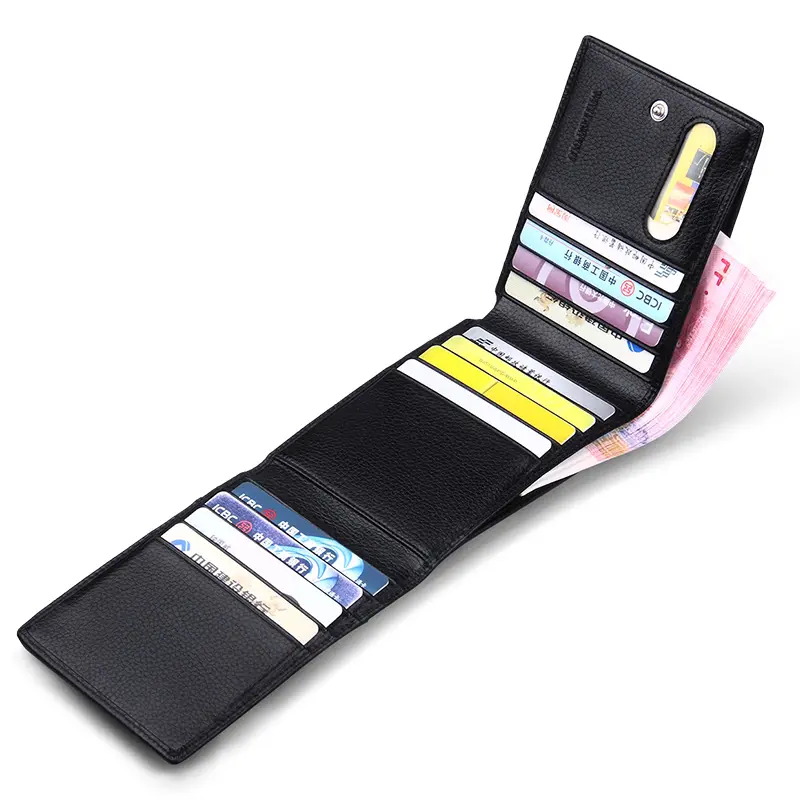 WILLIAMPOLO Men Trifold Wallet 12 Card Slots Business ID Card Holders Men's Genuine Leather Purse Zipper Coin purse wallet men