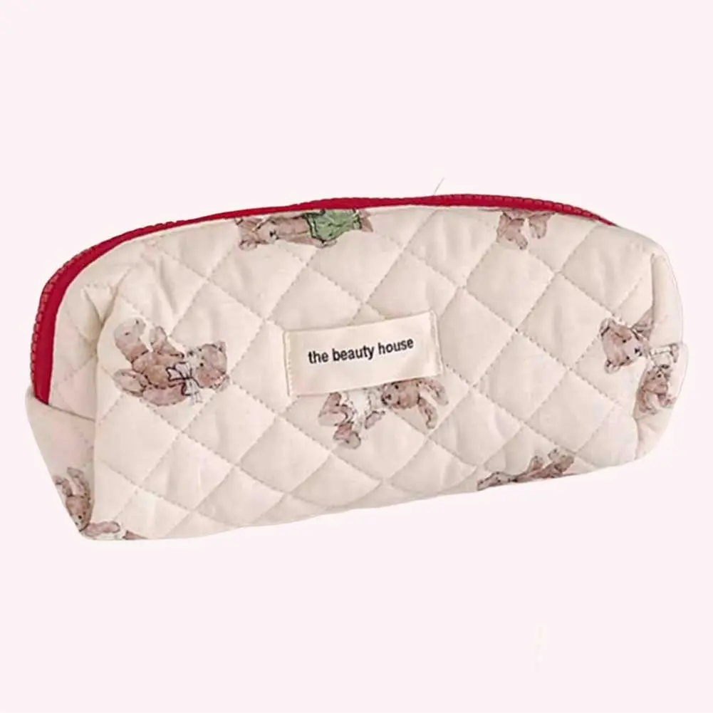 Women Quilted Makeup Bag Large Capacity Padded Cosmetic Organizer Bag Zipper Closure Girls Daily Cosmetic Bag