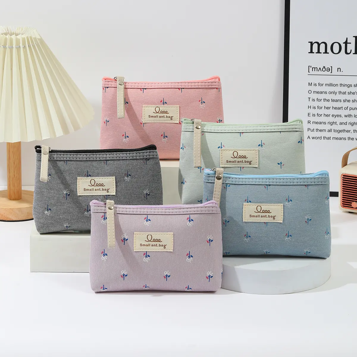 4PCS No purpleWaterproof printed canvas cosmetic bag Portable zipper toiletry bag Multi functional student pencil case