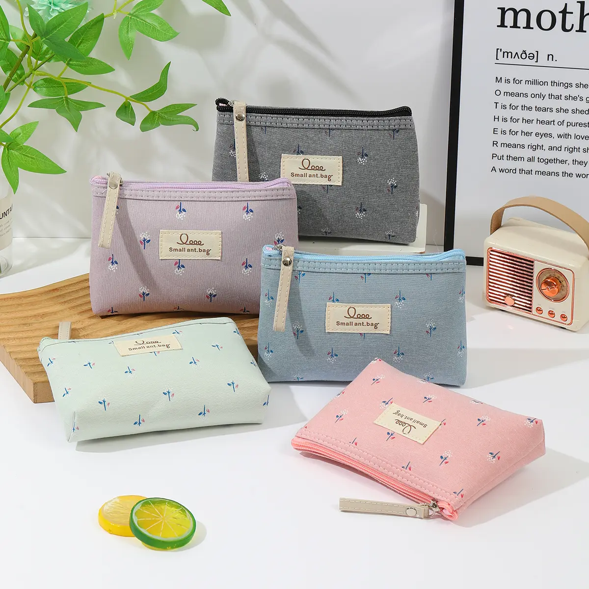 4PCS No purpleWaterproof printed canvas cosmetic bag Portable zipper toiletry bag Multi functional student pencil case