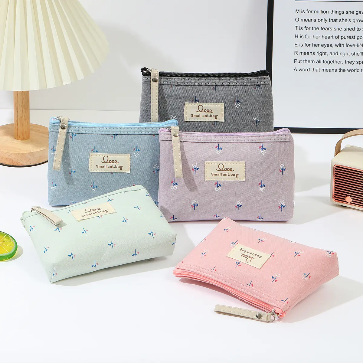 4PCS No purpleWaterproof printed canvas cosmetic bag Portable zipper toiletry bag Multi functional student pencil case