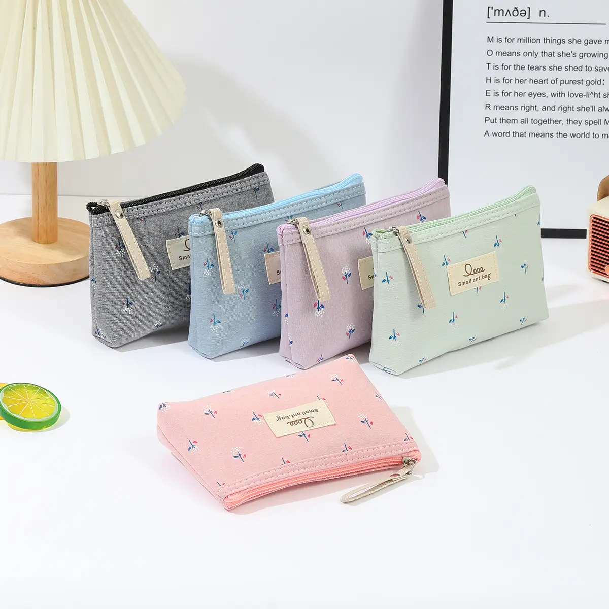 4PCS No purpleWaterproof printed canvas cosmetic bag Portable zipper toiletry bag Multi functional student pencil case