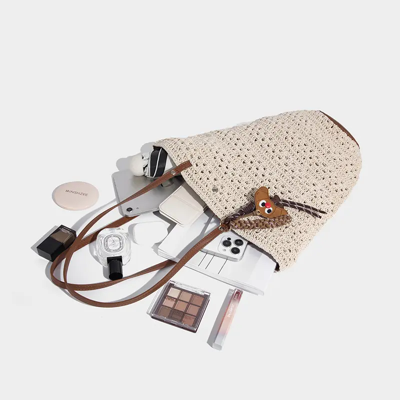 Women's Large Capacity Woven Bucket Bag Summer Lady Fashion Beach Bag Casual Hollow Shoulder Bag for Vacation Holiday