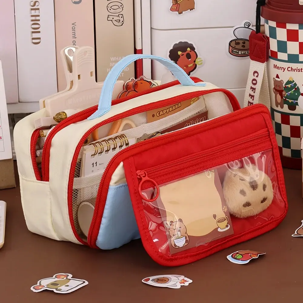 Aesthetic 9 Layers Pencil Case Zipper Portable Large Capacity Pencil Bag Bear With Curriculum Schedule Stationery Storage Bag