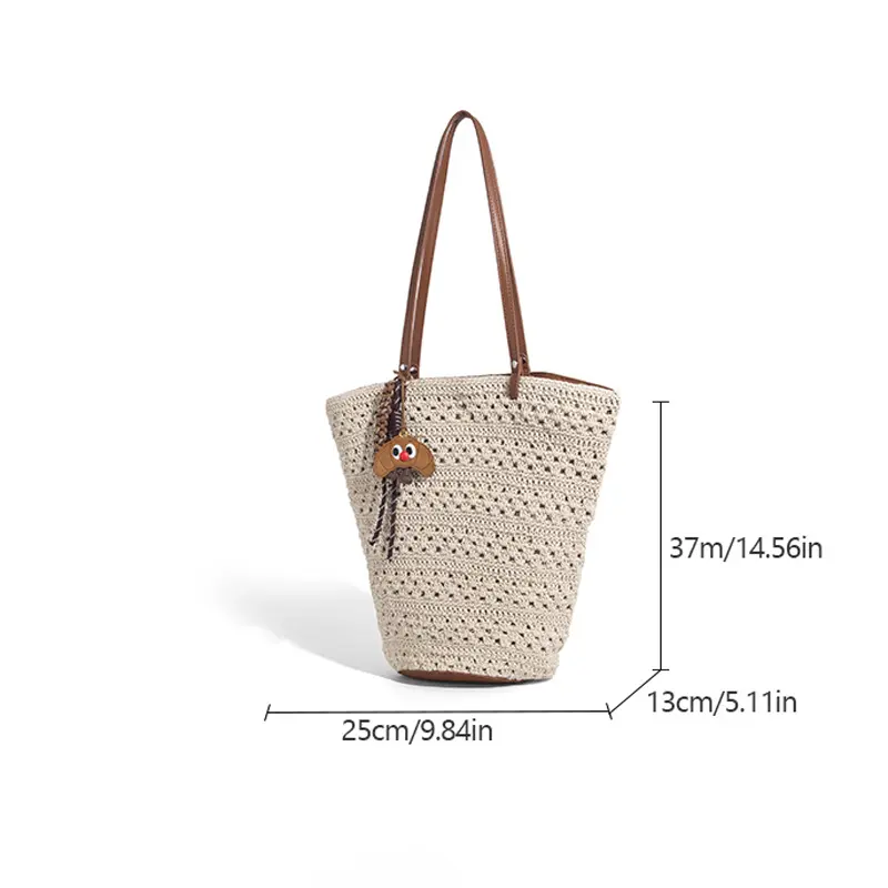 Women's Large Capacity Woven Bucket Bag Summer Lady Fashion Beach Bag Casual Hollow Shoulder Bag for Vacation Holiday