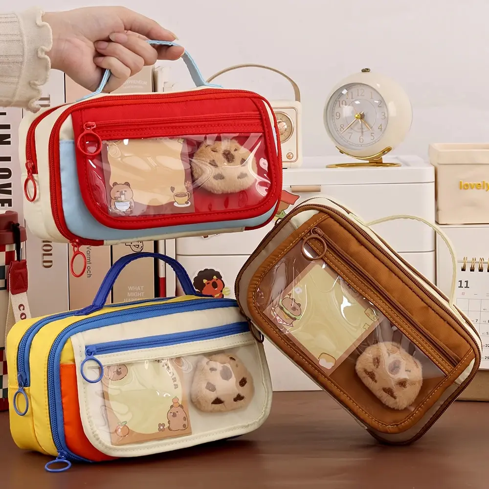 Aesthetic 9 Layers Pencil Case Zipper Portable Large Capacity Pencil Bag Bear With Curriculum Schedule Stationery Storage Bag