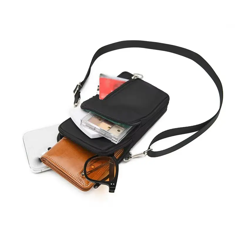 New four-layer zipper large capacity simple shoulder bag wallet made of nylon material sports mobile phone storage bag
