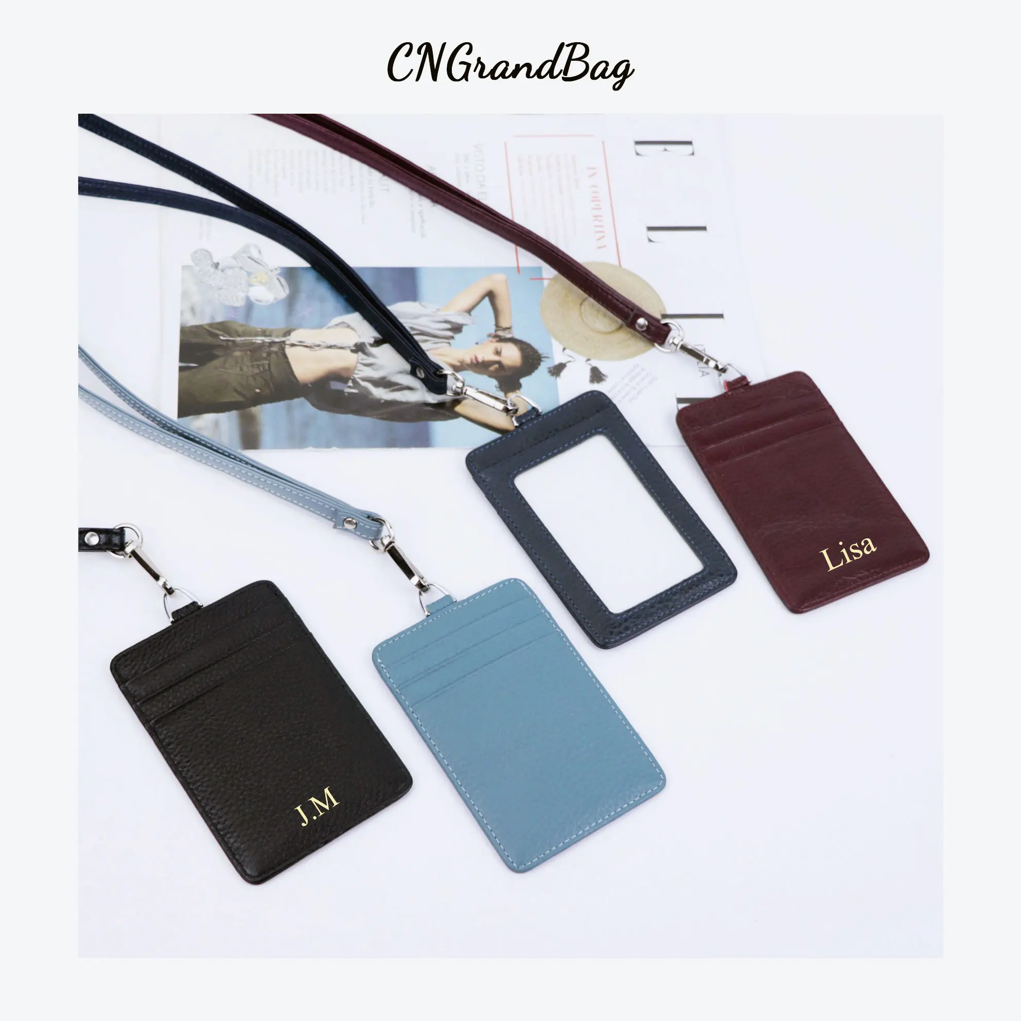Monogrammed Initial Letters Pebble Genuine Japanese Style Easy Pull Lanyard Card holder  Fashion Korean Work Transportation Card