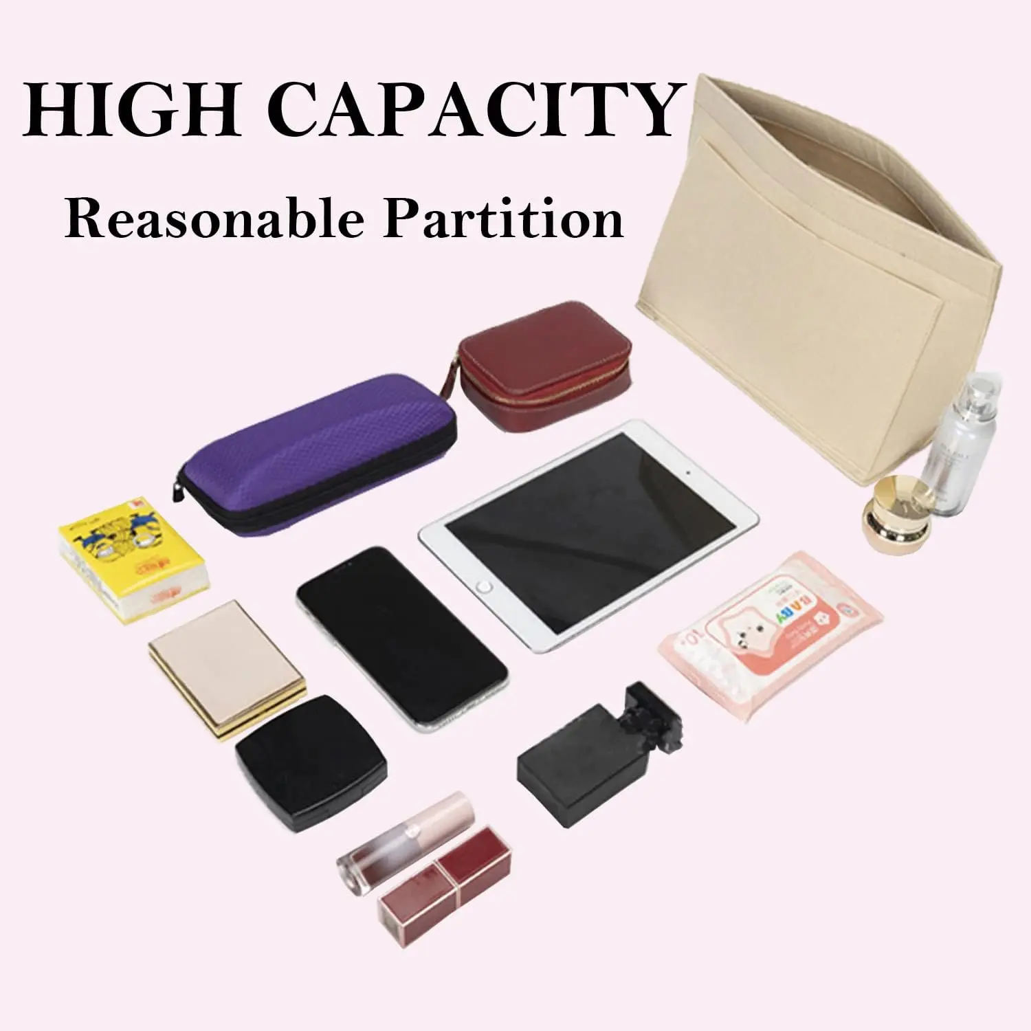 Purse Organizer,Multi-Pocket Felt Handbag Organizer, Folding Tote Bag organizer insert Makeup Organizer for Longchamp