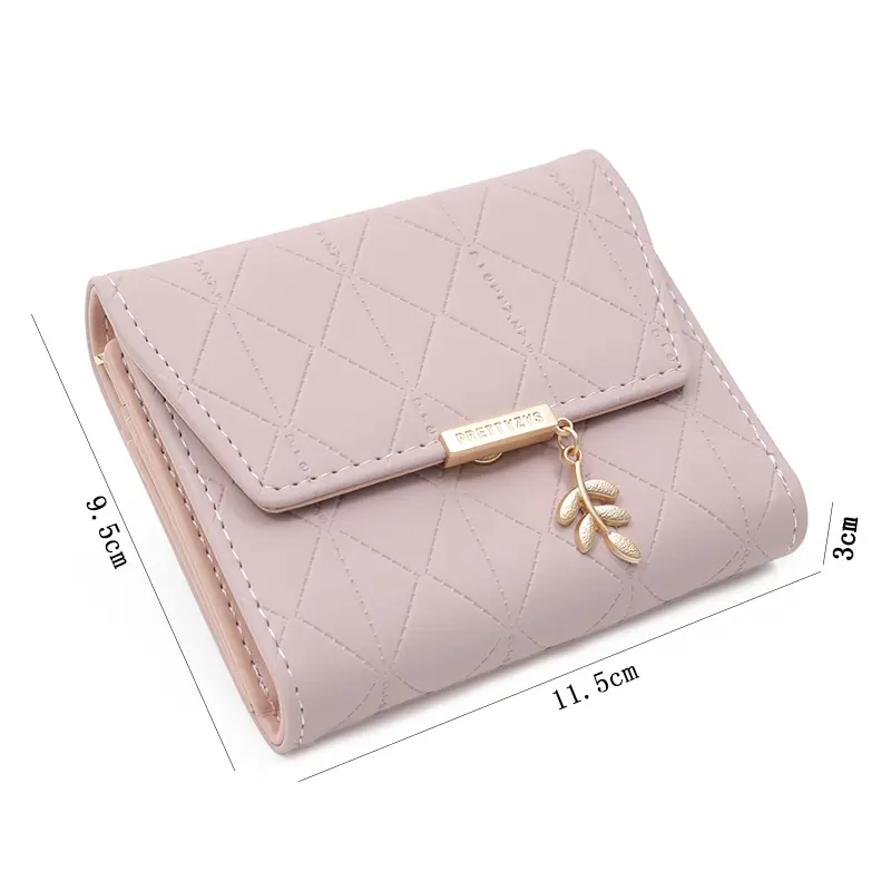 Autumn and winter new women's short wallet Japan and South Korea small fresh PU simple folding hardware leaf pendant three fold