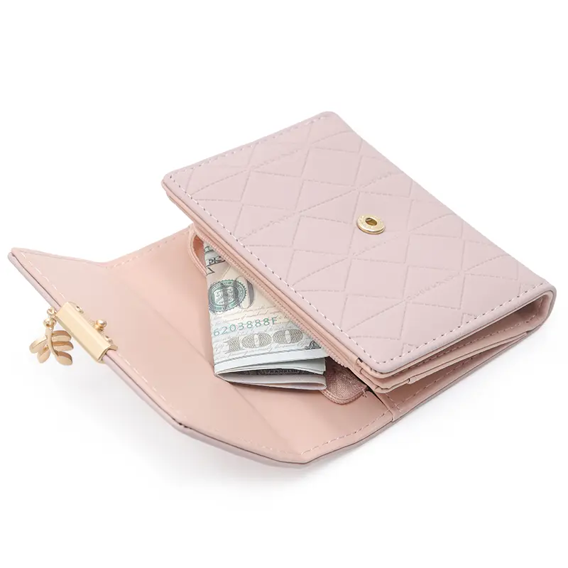 Autumn and winter new women's short wallet Japan and South Korea small fresh PU simple folding hardware leaf pendant three fold