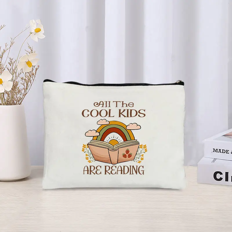 Creative Campus Style Books Canvas Cosmetic Bag Organizer Storage Zipper Pouch Office Supplies Pencil Case Gifts for Book Lovers