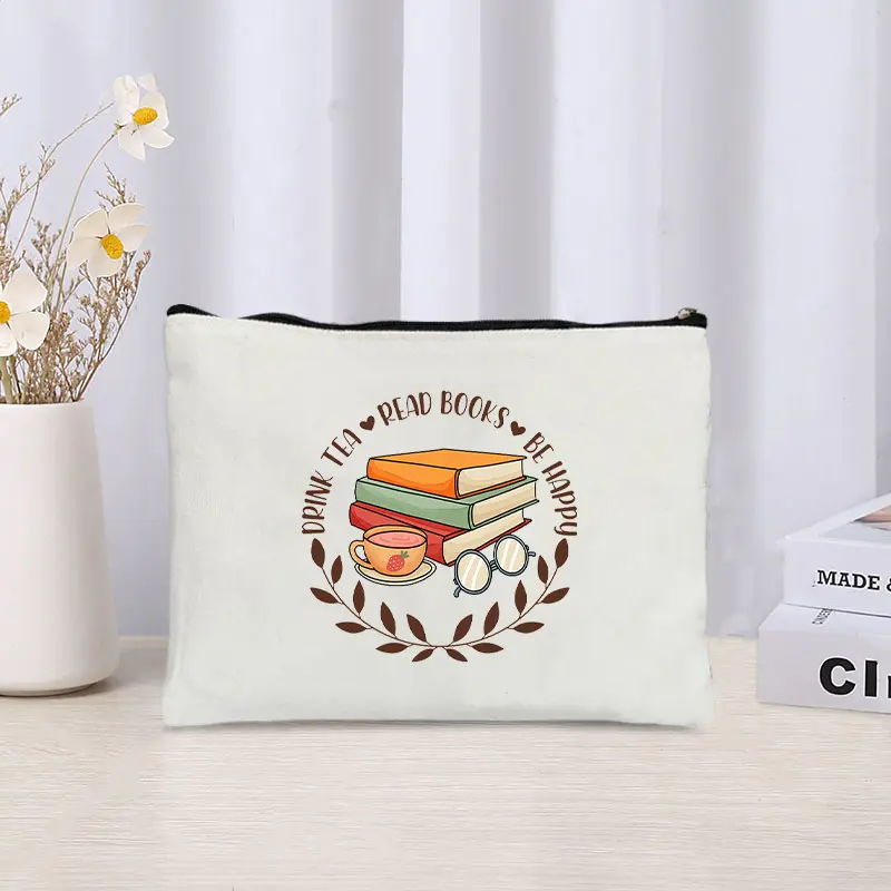 Creative Campus Style Books Canvas Cosmetic Bag Organizer Storage Zipper Pouch Office Supplies Pencil Case Gifts for Book Lovers