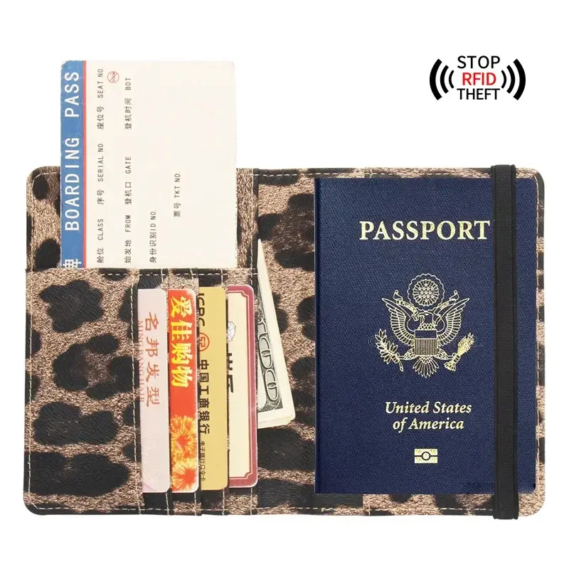 Brown Leopard Complex Passport Cover with Bandage Waterproof Passport Holder Built in RFID Blocking Protect Personal Information