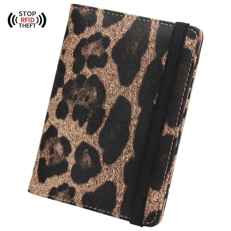 Brown Leopard Complex Passport Cover with Bandage Waterproof Passport Holder Built in RFID Blocking Protect Personal Information