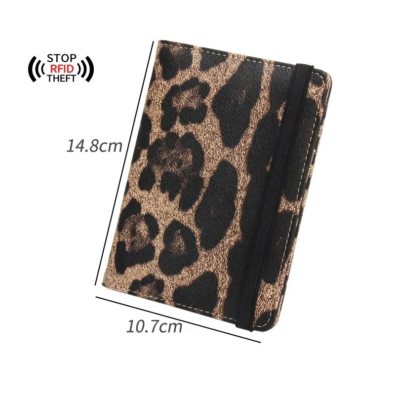 Brown Leopard Complex Passport Cover with Bandage Waterproof Passport Holder Built in RFID Blocking Protect Personal Information