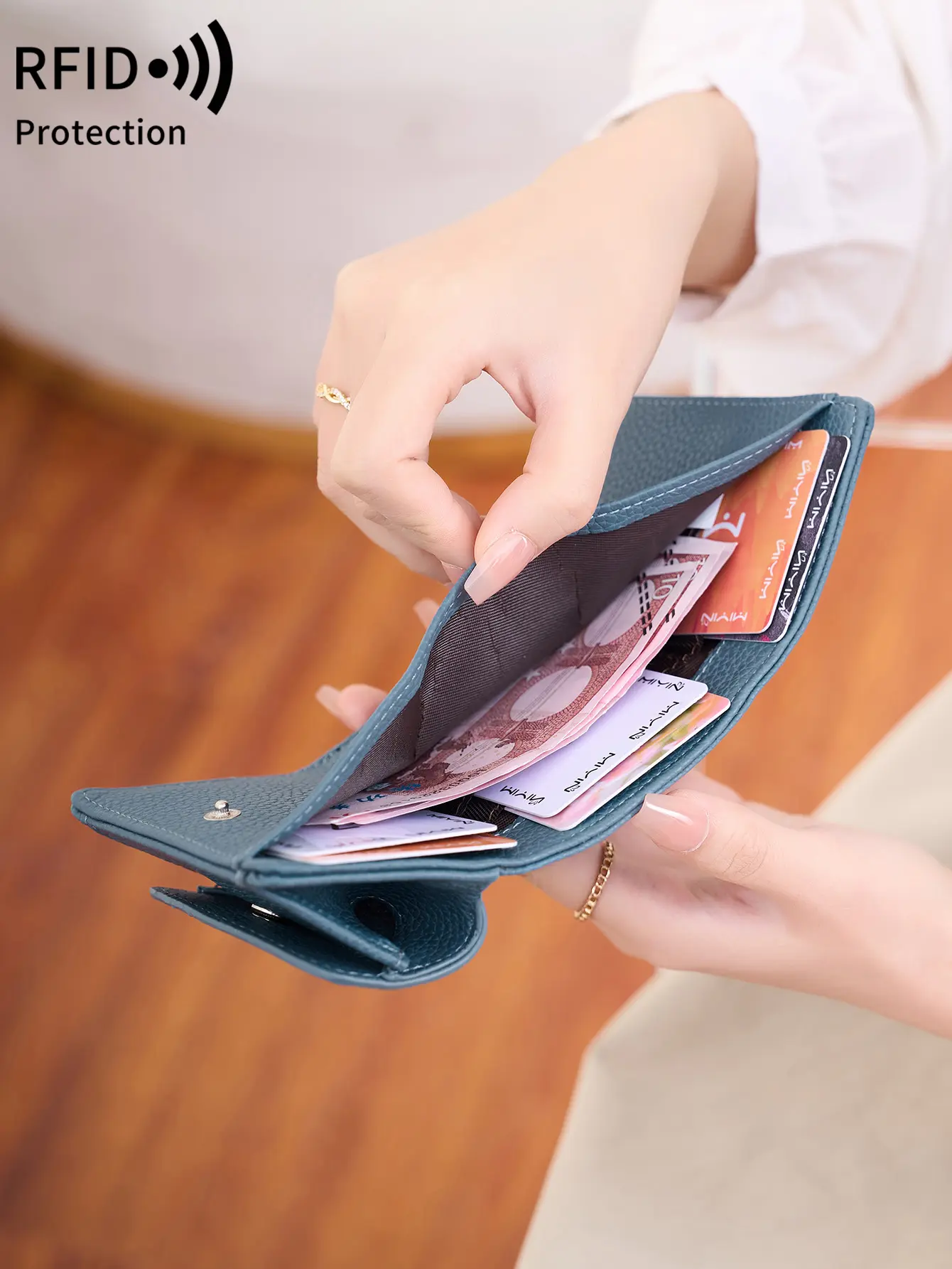 Fashion RFID Blocking Women Wallet Litchi Pattern Short Trifold Credit Card Holder Women Luxury Clutch Mini Portable Coin Purse