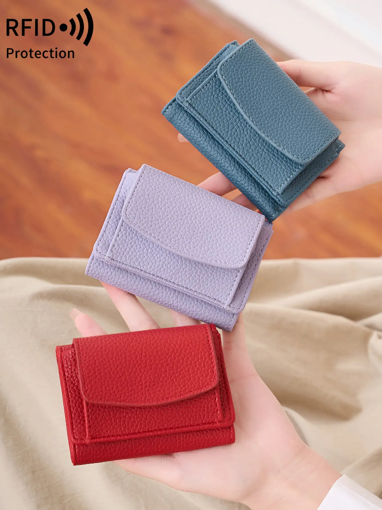 Fashion RFID Blocking Women Wallet Litchi Pattern Short Trifold Credit Card Holder Women Luxury Clutch Mini Portable Coin Purse