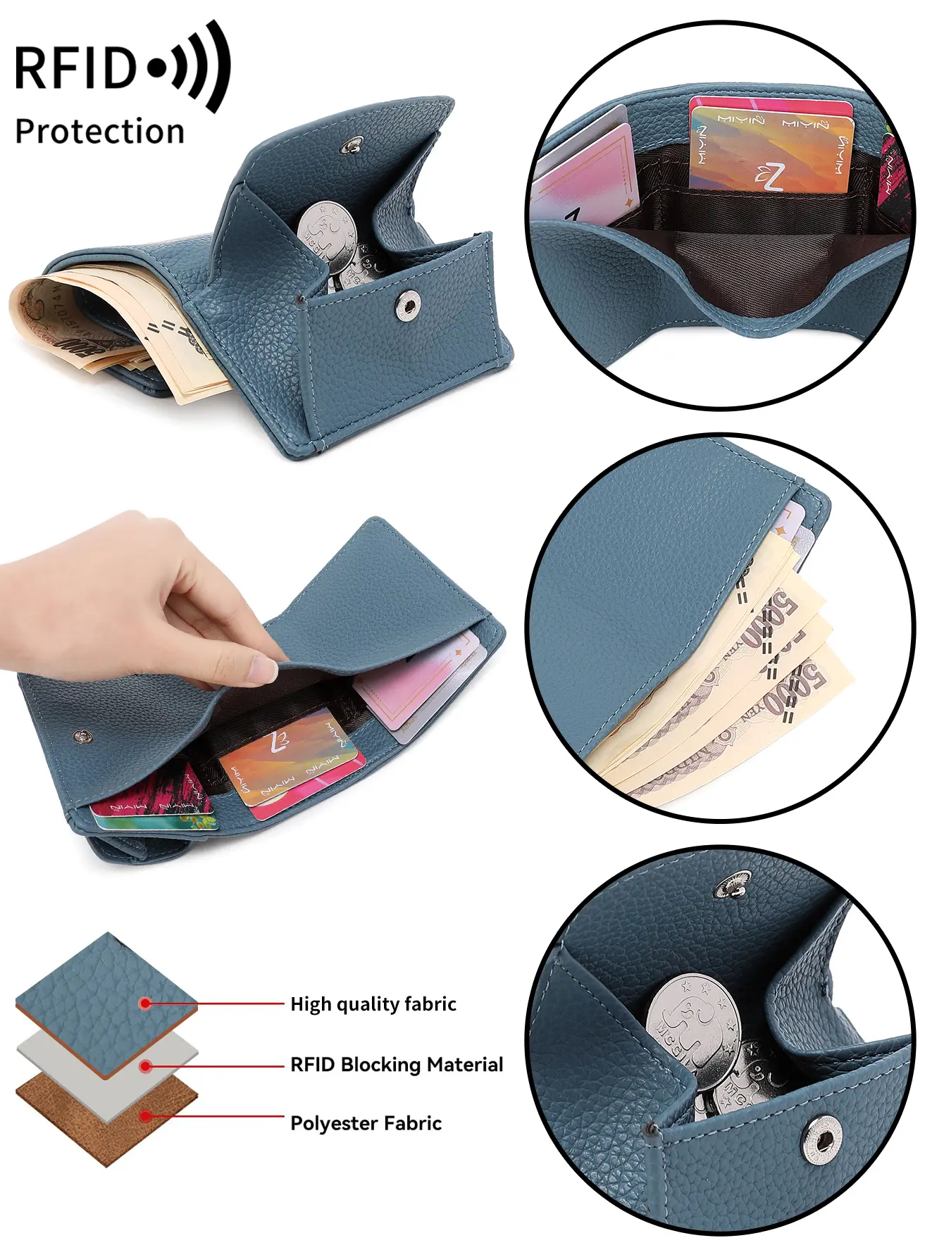 Fashion RFID Blocking Women Wallet Litchi Pattern Short Trifold Credit Card Holder Women Luxury Clutch Mini Portable Coin Purse