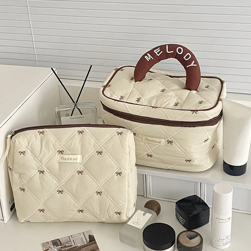 Fashion Brown Bow Cake Women Makeup Zipper Bag Large Capacity Tote Organizer Toiletry Cosmetic Pouch Ladies Make Up Handbag