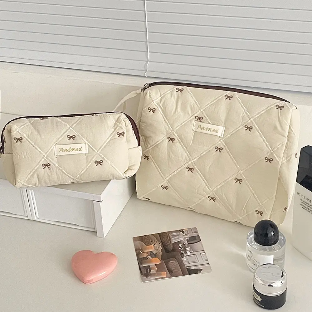 Fashion Brown Bow Cake Women Makeup Zipper Bag Large Capacity Tote Organizer Toiletry Cosmetic Pouch Ladies Make Up Handbag