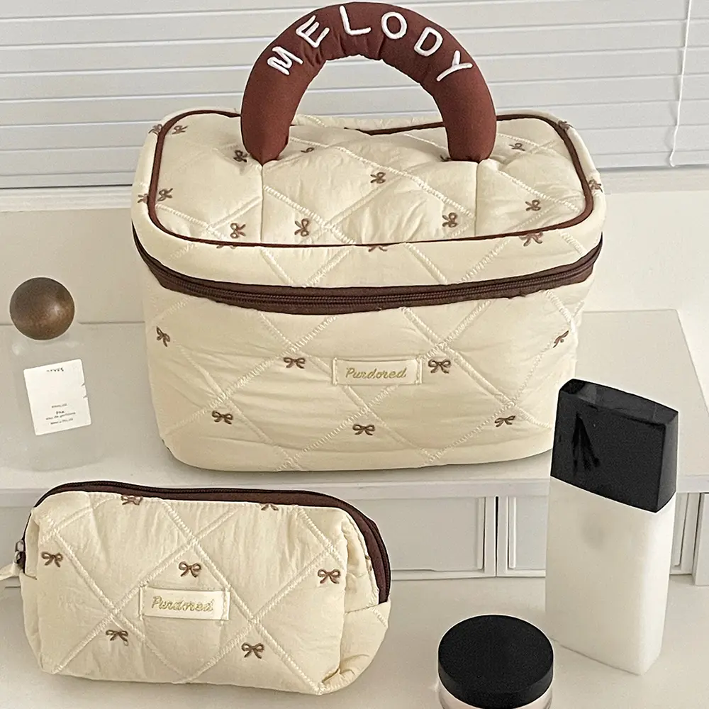 Fashion Brown Bow Cake Women Makeup Zipper Bag Large Capacity Tote Organizer Toiletry Cosmetic Pouch Ladies Make Up Handbag