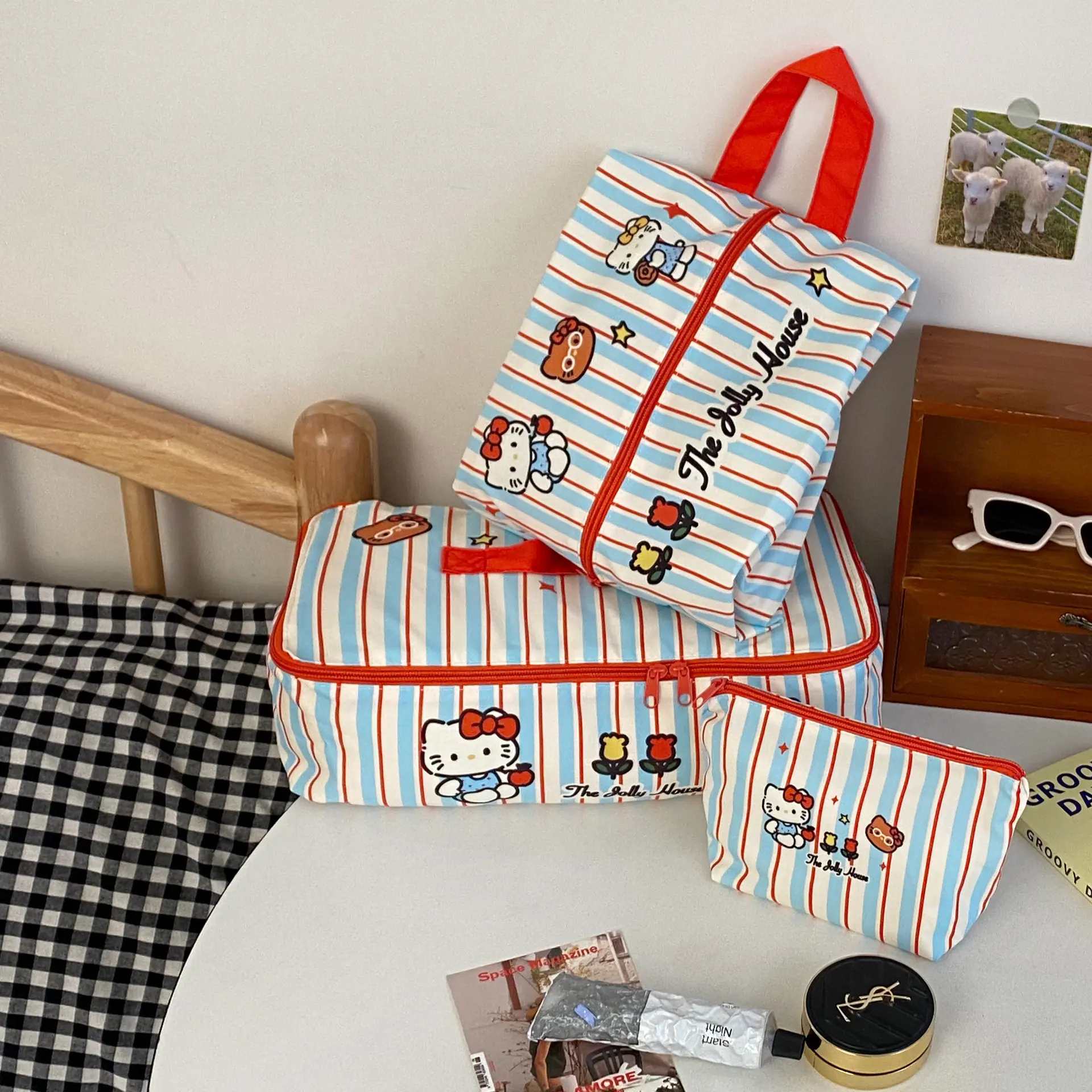 Striped Cat Travel Organizer Bag Portable Luggage Storage Pouch For Trip Business Hand Carry Cosmetic Case