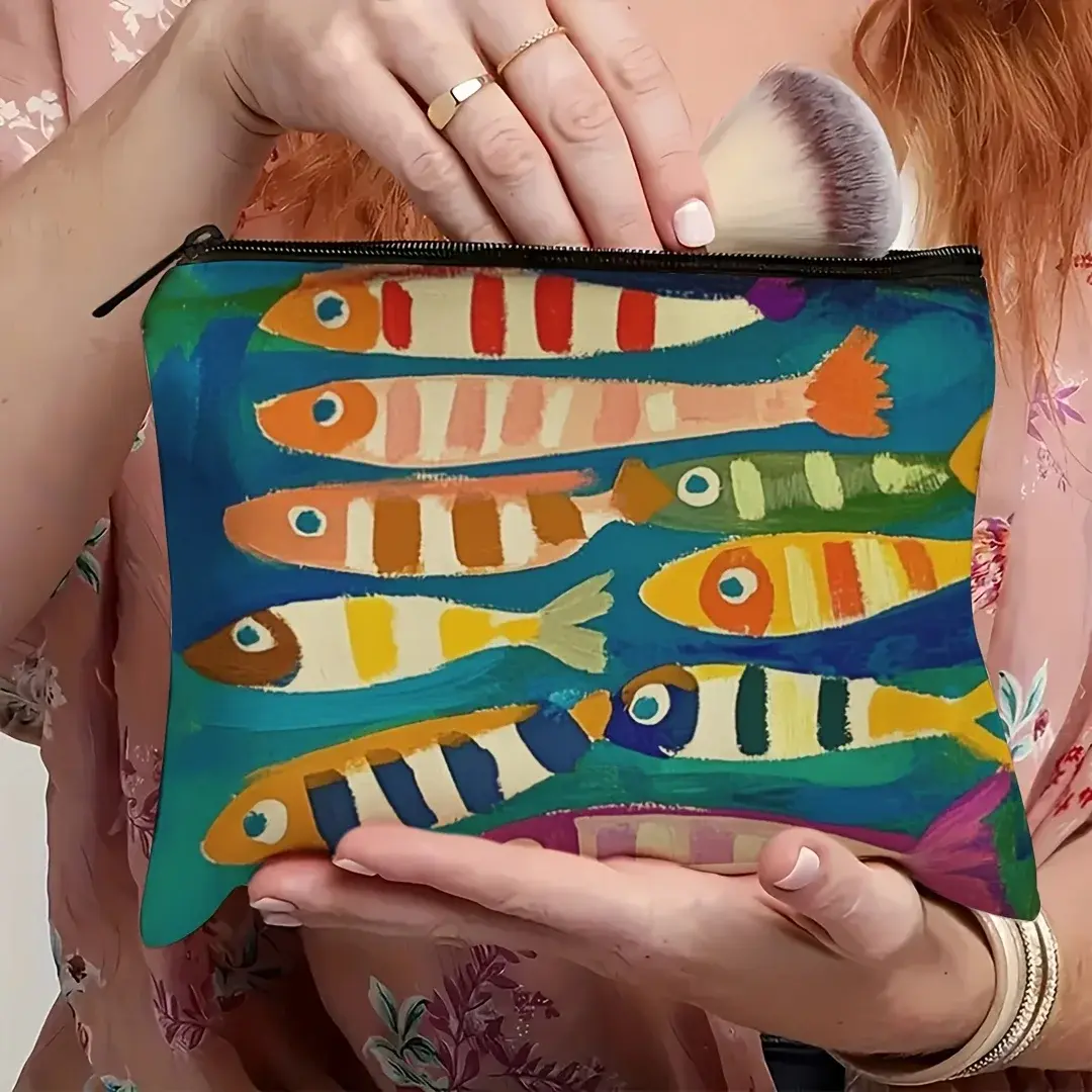1pc Vintage Sardine Pattern Cosmetic Bag Travel Makeup Organizer for Toiletries & Brushes, Portable Unisex Design for Travel