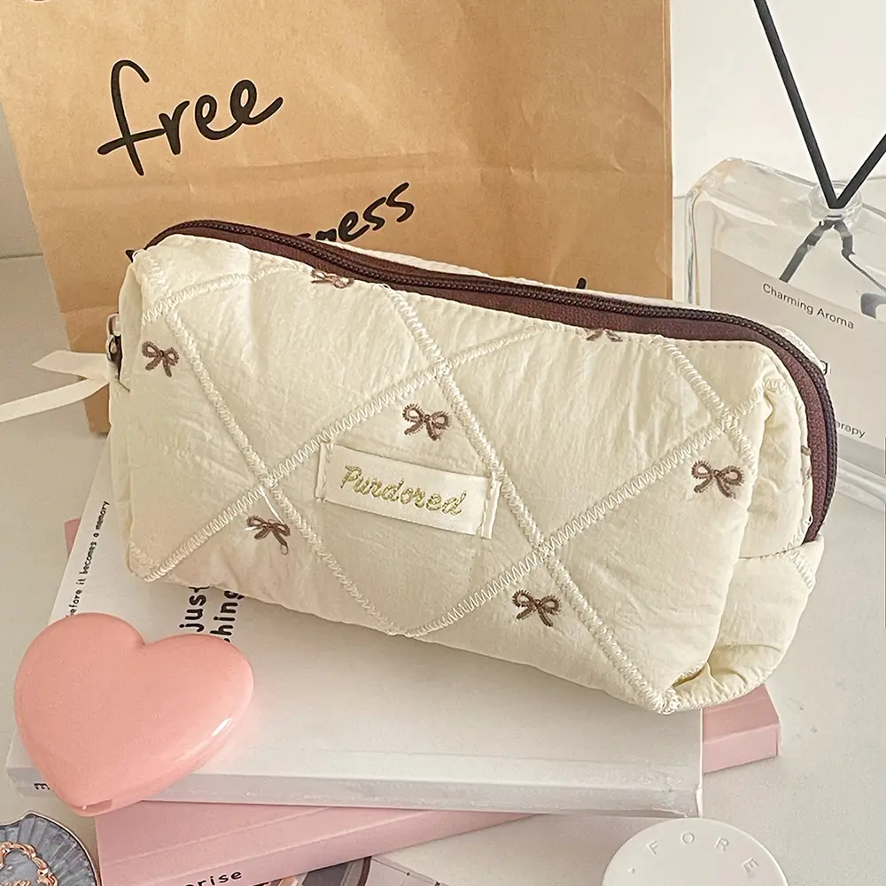Fashion Brown Bow Cake Women Makeup Zipper Bag Large Capacity Tote Organizer Toiletry Cosmetic Pouch Ladies Make Up Handbag
